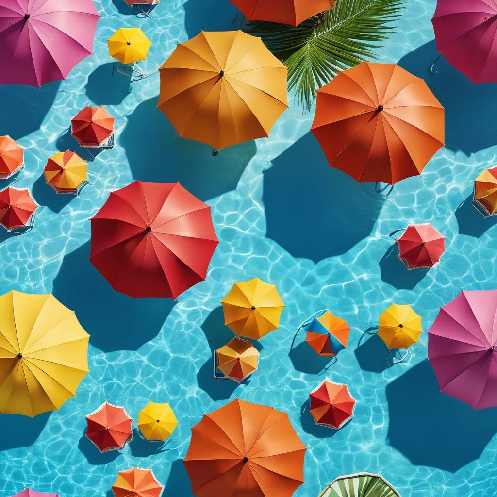 A glamorous poolside scene featuring a diverse group of stylish women in trendy swimsuits, lounging under vibrant umbrellas. The background showcases a stunning shoreline with gentle waves and a clear blue sky, adding a tropical vibe. Include colorful beach towels, fashionable accessories like sunglasses and hats, and a refreshing cocktail on a side table. Capture the carefree summer spirit with bright, lively colors. super-realistic. vibrant colors. 3D.