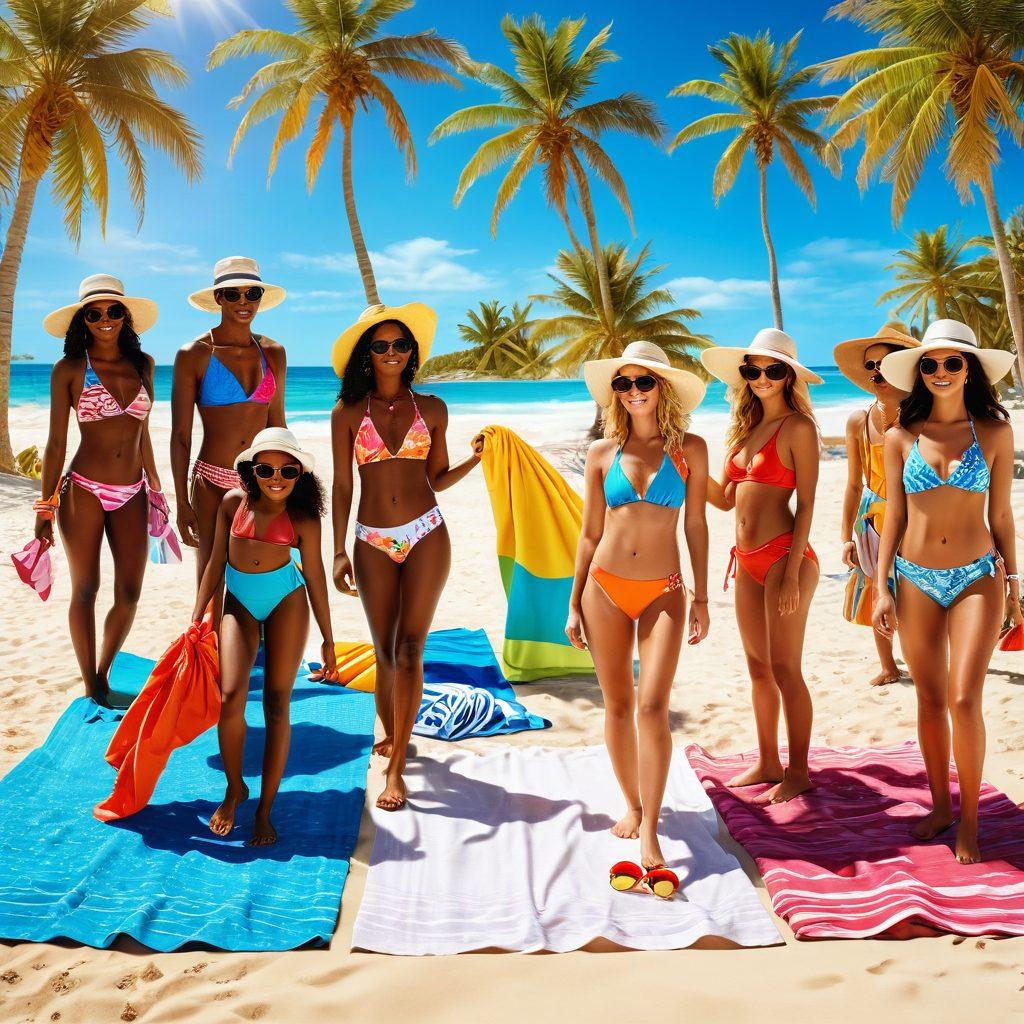 A vibrant beach scene showcasing a diverse group of people wearing stylish, colorful beachwear essentials like swimsuits, cover-ups, and sunglasses. Include a backdrop of palm trees and soft waves, with beach towels and sun hats scattered across the sandy shore. Bright sunlight illuminating the joyful atmosphere, enhancing the feeling of summer fun. super-realistic. vibrant colors. 3D.